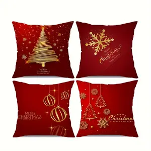 4pcs, Christmas Pillow Covers, Red & Golden Holiday Design | Festive Car Accessories, Soft Cushion Covers, Merry Christmas Print, Sofa & Car Decor, Single-sided Printing, Without Pillow Core, Washable Cushion Covers