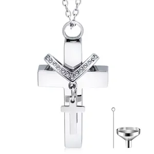 Cross Urn Necklace for Ashes with Sparkling Diamond, Waterproof Cremation Jewelry Keepsake for Dogs/Cats/Birds/Human Ashes, Mini Pet Urn to Honor Beloved Pets, Stainless Steel Pendant for Women Girls
