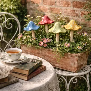 2 Piece Rustic Ceramic Mushroom Decor Set, 10.23 Inch Outdoor Decorative Garden Sculpture, Weather Resistant, for Flower Beds, Patios, Courtyards