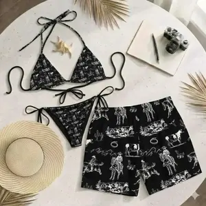 [Hot Summer 2026] - Couple Matching Beach Set – Black Print Bikini & Hawaiian Shorts