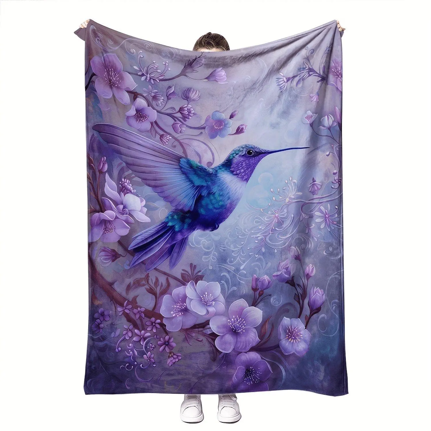 Luxurious Purple Hummingbird & Floral Throw Blanket - Soft Flannel, Reversible, All-Season Comfort - Ideal for Home Decor & Christmas Gifts - Machine Washable, Home Decor Blanket|Floral Pattern|Polyester Blanket
