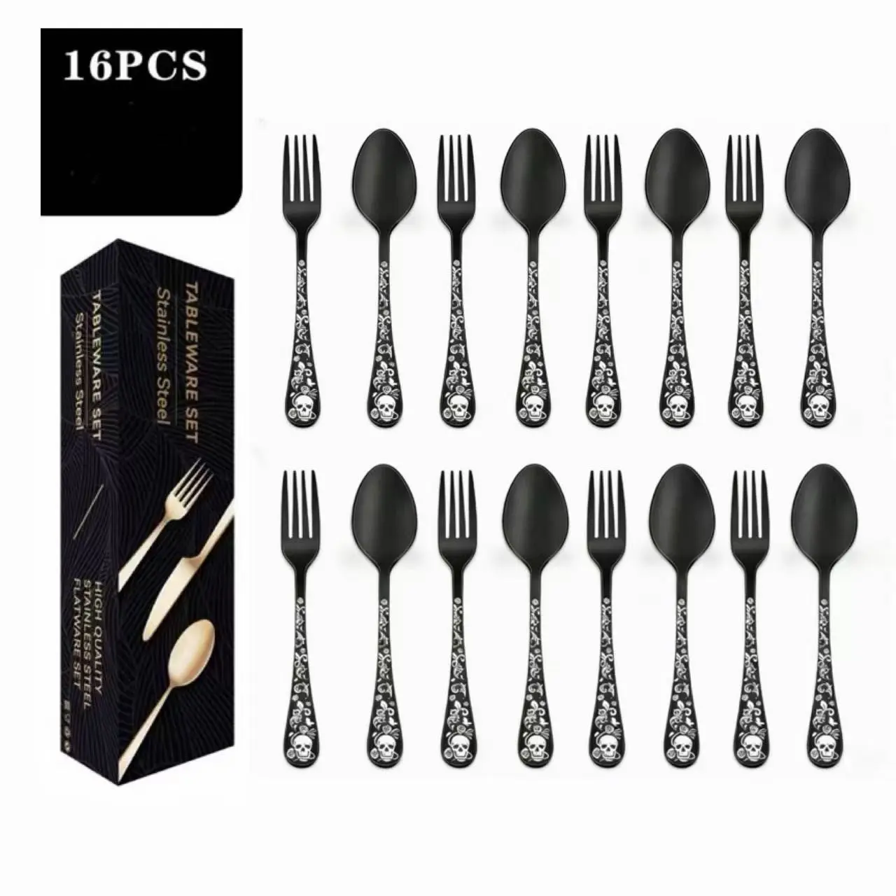 16pcs Skull Head Fork And Spoon Set, Unique Skull Design, Easy Clean Non-Slip Cutlery, Holiday Restaurant Luxury Lovers, Tableware