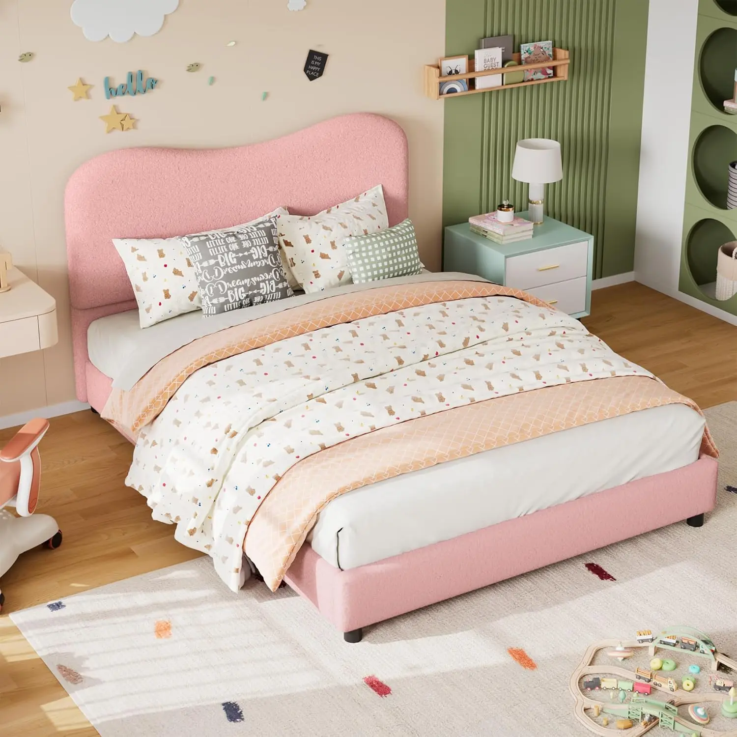 【Christmas Gift】Pink Full Bed Frame for Kids with Velvet Upholstered Headboard Cute Low Profile Platform Bed for Girls and Boys No Box Spring Needed Strong Wooden Slats Noise Free Easy Assembly Pink