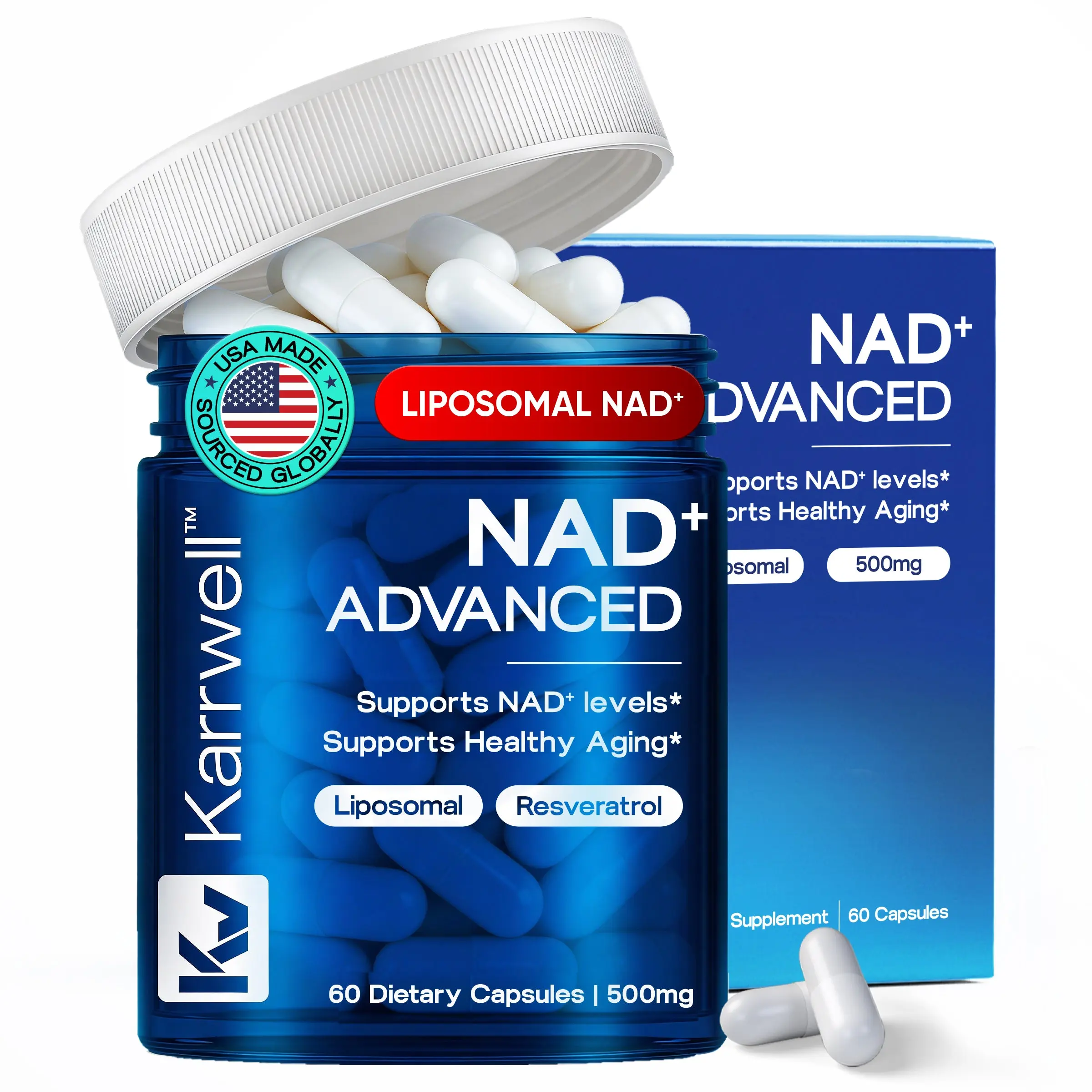 Karrwell Liposomal NAD+ Vitamin Capsules, 500MG Advanced Edible Formula with Resveratrol & Antioxidant Support for Adults’ Optimum Health & Energy