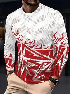 Men's Geometric Pattern Print Round Neck Long Sleeve Fitted T-Shirt, Casual Streetwear Looks Fashion Outdoor Street Sport Long Sleeve Daily Wear