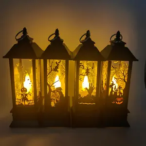 Halloween Portable Lanterns Orange Candle LED Halloween Lamp Lights, Spooky Skeleton Owl Bat Castle Flame Lights Hanging Lanterns
