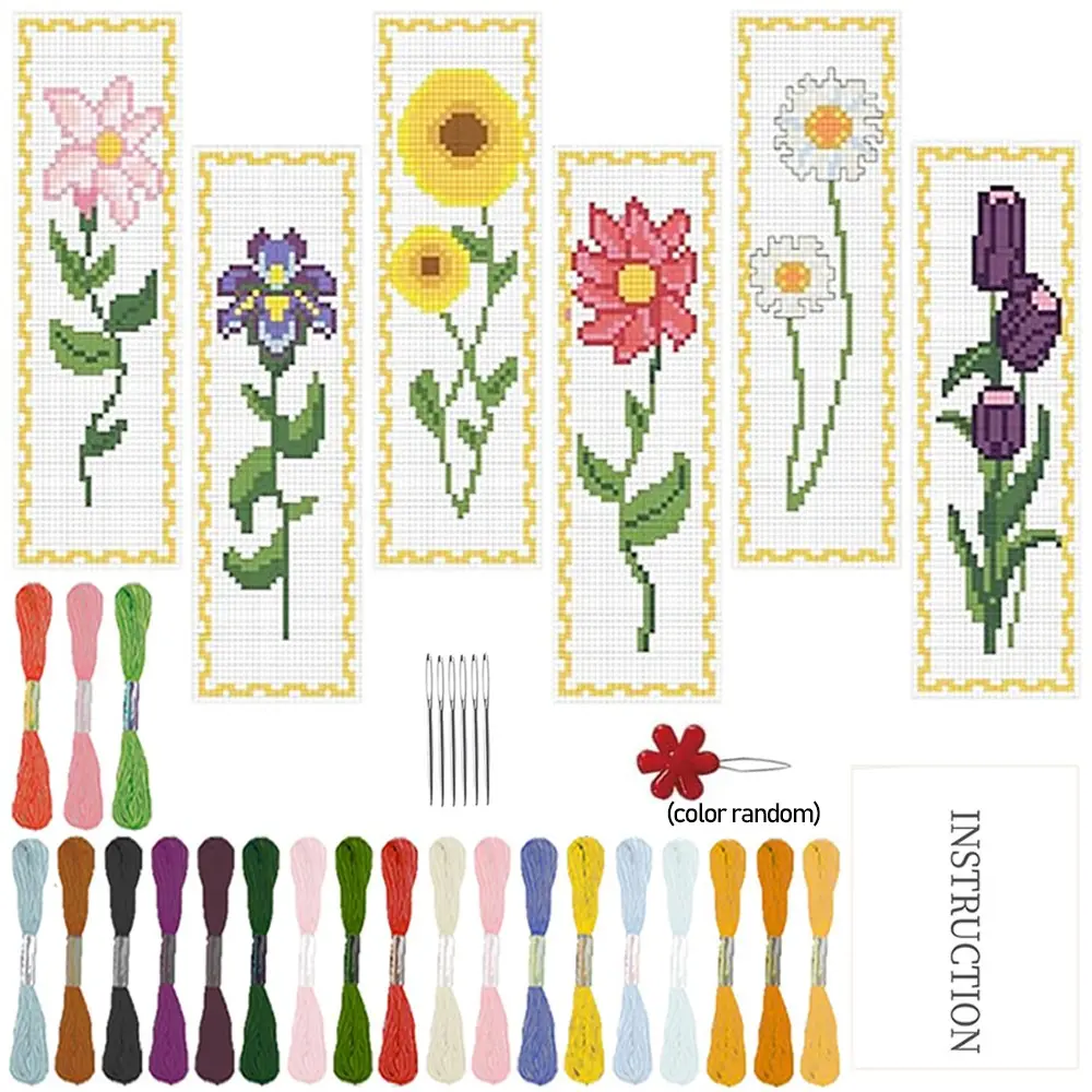Floral Cross Stitch Bookmark Kit, Complete Set, Beginner-Friendly Garden Style Fabric Bookmarks, Includes 6 Printed Cross Stitch Fabrics, Embroidery Tools, Instructions