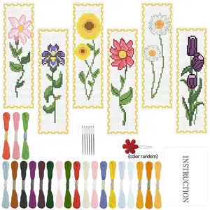Floral Cross Stitch Bookmark Kit, Beginner-Friendly Garden Style Fabric Bookmarks, Includes 6 Printed Cross Stitch Fabrics, Embroidery Tools, Instructions