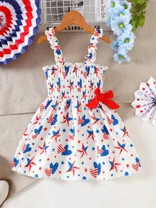 Girls' Independence Day Dress Set, Heart Star Print Full Coverage, 3D Bow Design, Outdoor Wear, Cute and Stylish Kids Clothing, Lovely Bow Dress