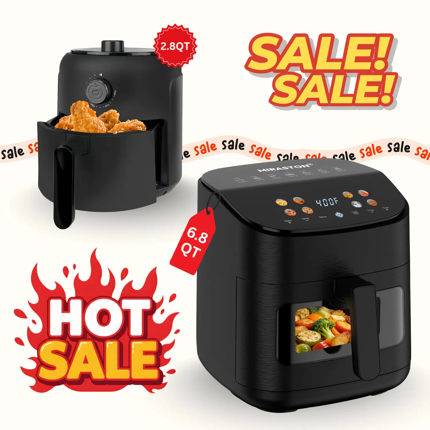 6.8QT /2.8QT Smart Touch Large Air Fryer for Family Gatherings, with Viewing Window & Angled Color Touchscreen, 8 Smart Presets for Meals, Snacks & Sweets, Dishwasher Safe, Black