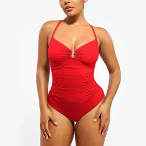 2026 New Women's U Neck One-Piece Swimsuit High Waist Tummy Control Sports Swimsuit for Swimming Surfing Beach Wear Red