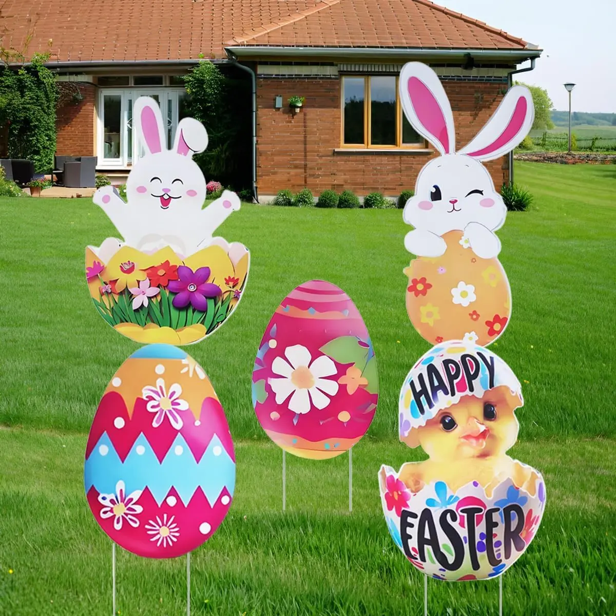 Easter Yard Signs Decorations Outdoor Cute Easter Bunny Chick Lawn Stake Sign with H Stands Decor for Garden Hunt Game Party Supplies Prop