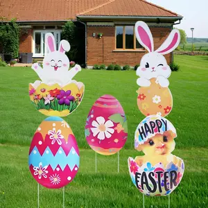 Easter Yard Signs Decorations Outdoor Cute Easter Bunny Chick Lawn Stake Sign with H Stands Decor for Garden Hunt Game Party Supplies Prop