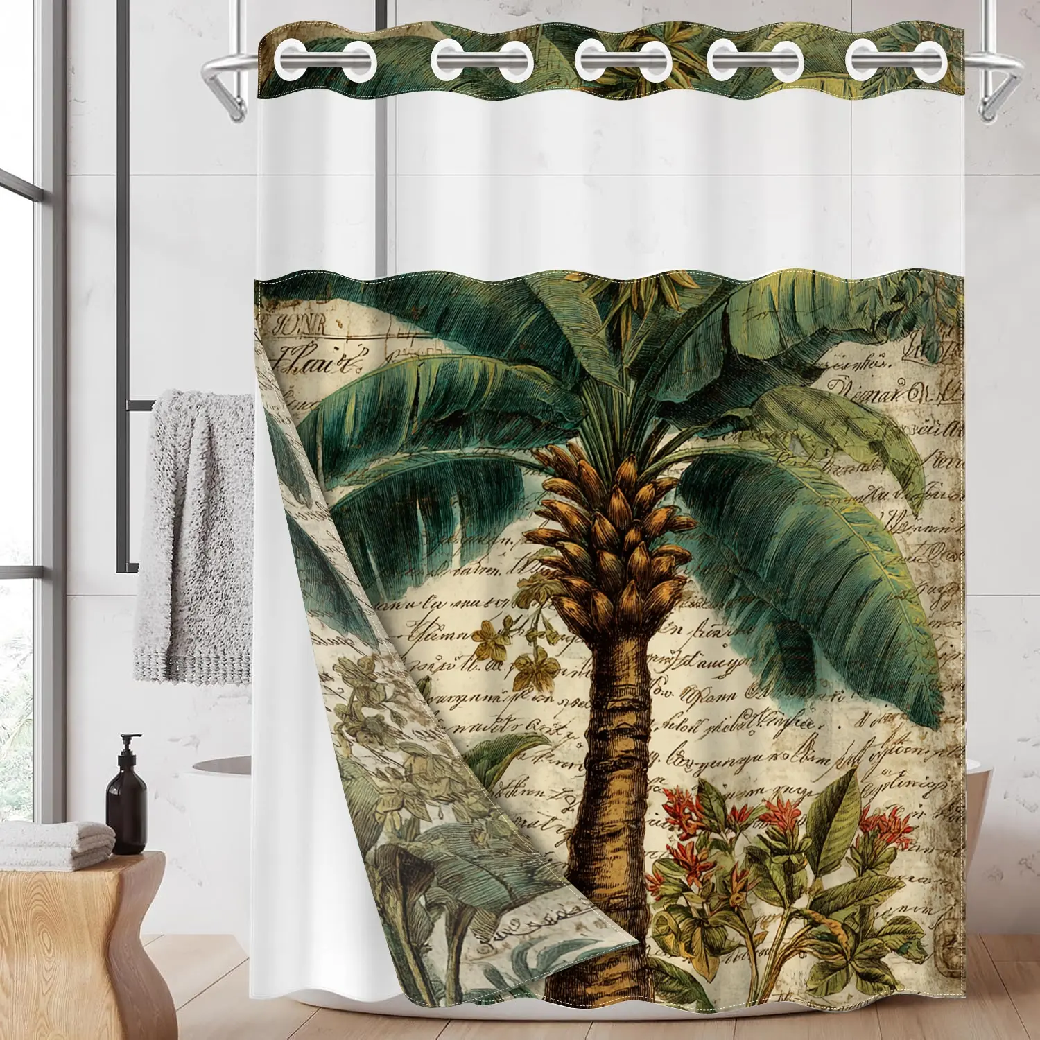 1pc hookless shower curtain with snap fastener, retro palm tree 2D flat printing, Decorative shower curtain, fabric waterproof inner lining with transparent window double-layer, 71 x 74 inches