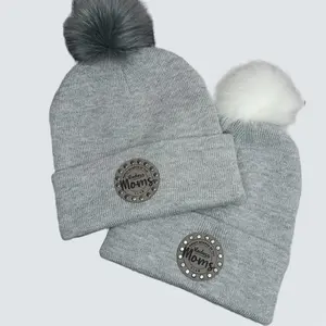 Badass Moms Club Beanies - Gray Beanie with Pom-Pom, Button Detail, and "Moms" Embroidery