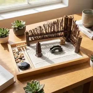 Bamboo Zen Garden Set with Natural Bamboo White Sand Stones & Miniature Accents for Stress Relief Desktop Decor & Calming Corner
