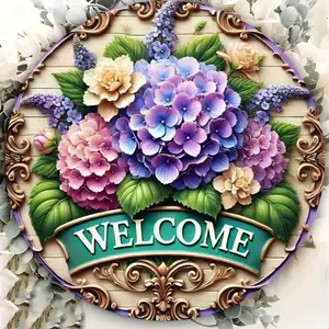 Aluminum Vintage Hydrangea Wreath Round Wall Art 8x8 Inch Rustic Home Decor For Garden Porch Entryway Farmhouse Aluminum Welcome Sign