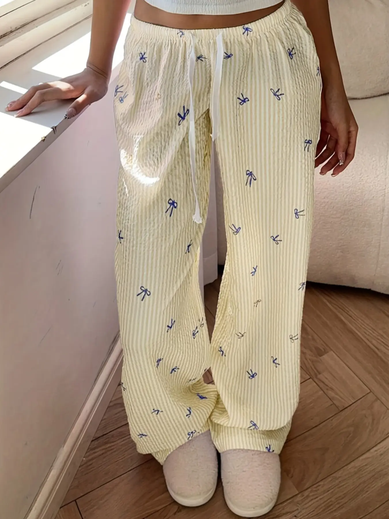Cream Striped Blue Bow Print Wide Leg Pants, Beach Travel Pants, Casual Pants, Drawstring Loose Fit, Baggy Trousers, Y2K, Casual Loungewear & Beach Cover Up, Breathable Crinkle Fabric, Summer Essential, Perfect for Vacations, Lazy Days
