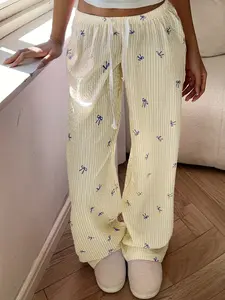Cream Striped Blue Bow Print Wide Leg Pants, Viral Coquette Aesthetic Baggy Trousers, Y2K Cute, Casual Loungewear & Beach Cover Up, Breathable Crinkle Fabric, Girl Summer Essential, Perfect for Vacations, Coffee Runs, Lazy Days