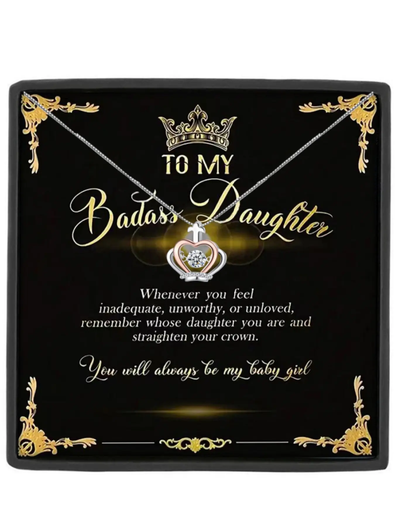 1pcs To My Badass Daughter Crown Pendant Necklace, Necklace For Daughter, Daughter Birthday Gift Jewelry, Christmas Gift, Includes Card and Box