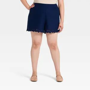 Women's Embroidered Linen Pull-On Shorts - A New Day Navy Blue 3X