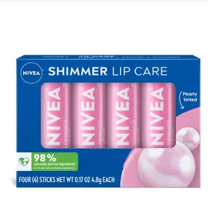 NIVEA Shimmer Lip Care, Shimmery Lip Balm Pack with Shea Butter, Nourishing Oils and Vitamin C & E, 3-in-1 Moisture, Repair and Shimmer, 0.17 Oz Stick, Pack of 4