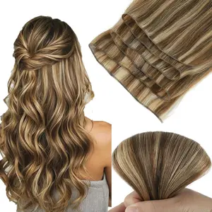 Genius Weft  Extensions Human  Sew in  Extensions Real Human  Weft Extensions Hand Tied Virgin  50G, #P4/27  Brown Highlight Caramel Blonde 20 Inch