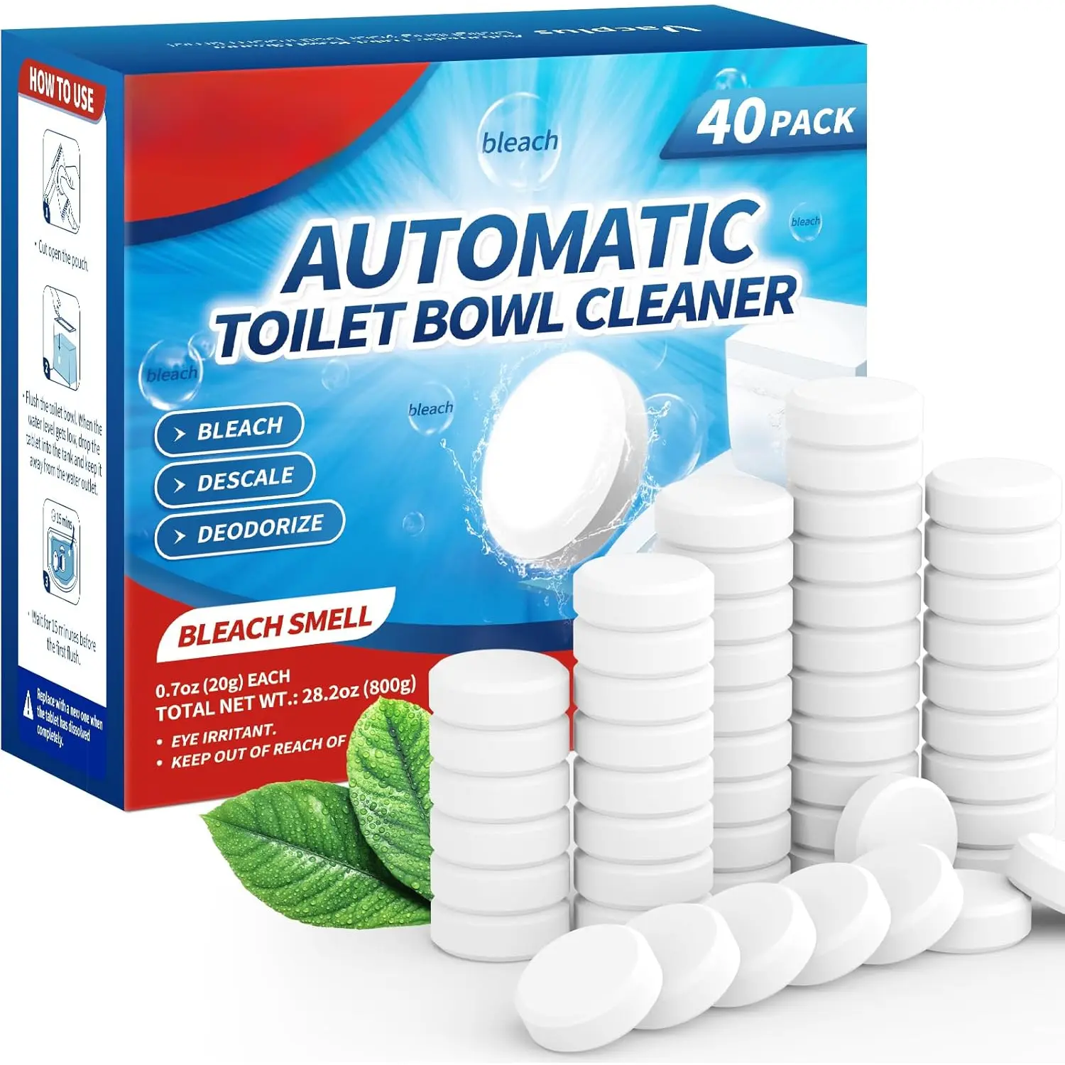 Toilet Bowl Cleaner Tablets 40 PACK, Automatic Cleaners with Bleach, Slow-Releasing Toilet Tank Cleaners for Deodorizing & Descaling, Household Toilet Cleaners against Tough Stains