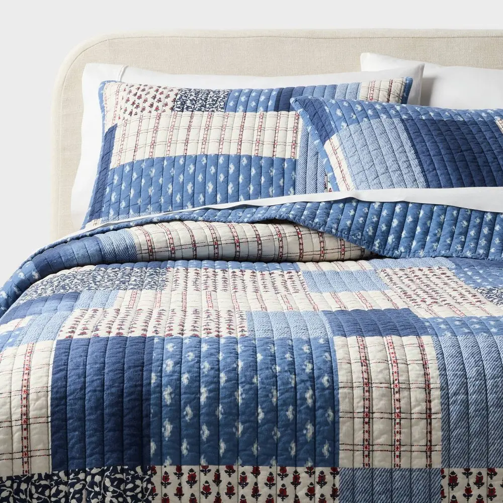 Threshold Full/Queen Patchwork Quilt Bedding Set - Blue/Dark Blue/Natural