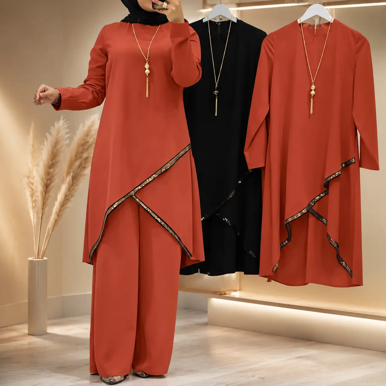 Women Eid Ramadan Muslim Modest 2 Piece Set – Elegant Long Blouse & Wide Leg Pants Dubai Kaftan Style Abaya Outfit 2026