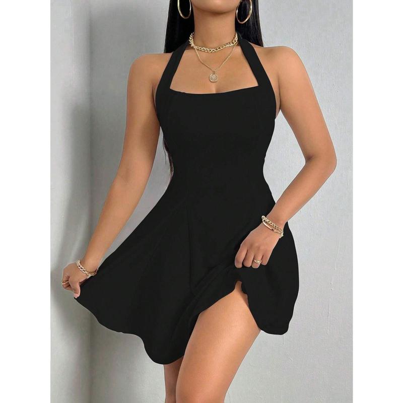 Women's Vibrant Halter Neck Backless High Waist A Line Swing Mini Dress in Black for Party Evening Cocktail Summer Work Christmas Party Meshki Bella Hadid Spray Zendaya Blue Corte Princesa weddingguestdress Elegant Elegance Chic Womenswear Formal cocktail