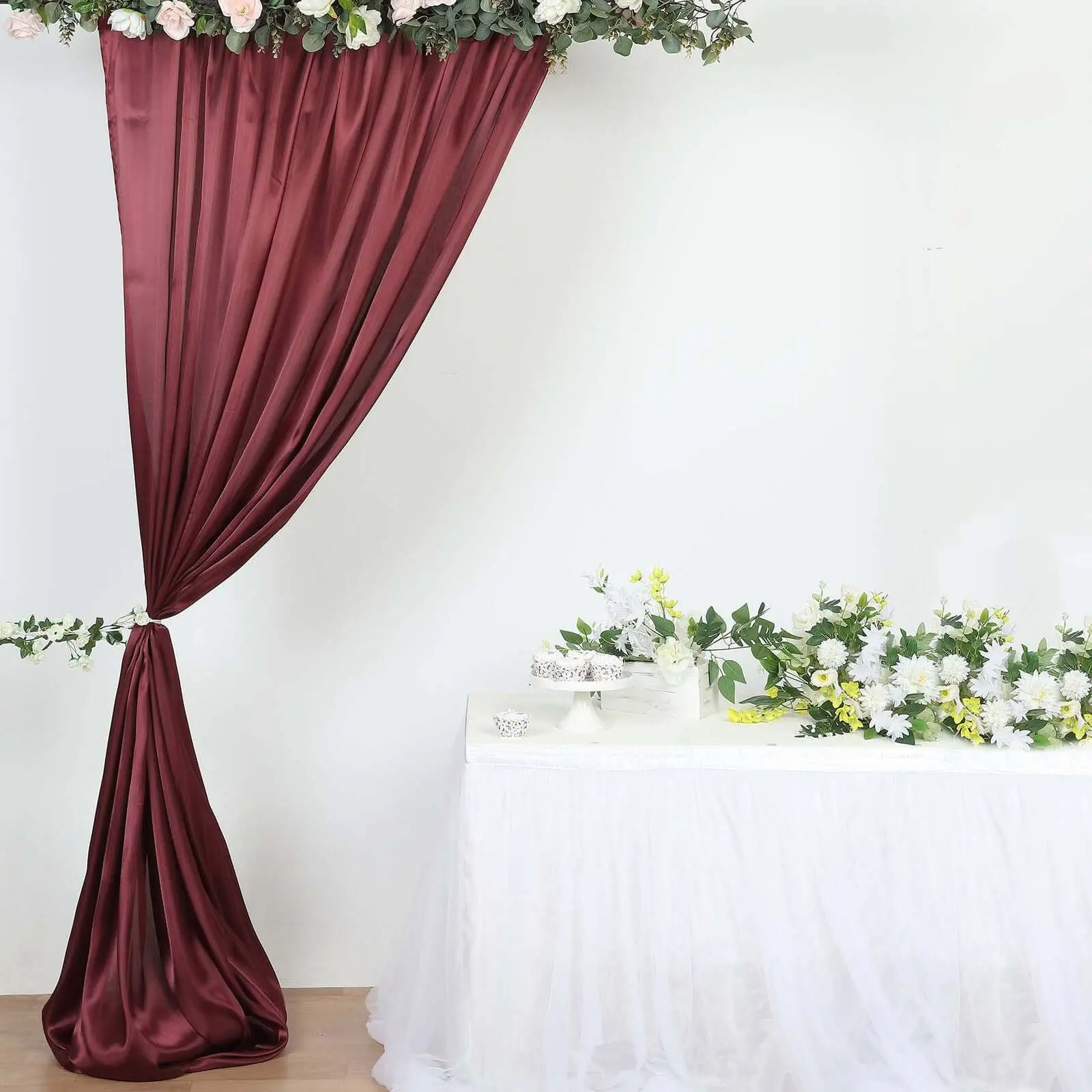 Burgundy Satin Backdrop Drape Curtain - 8ftx10ft Photo Booth Event Divider Panel, Party Decor Props
