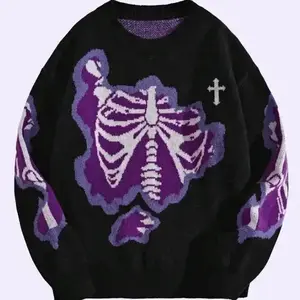 Unisex Skeleton Pattern Drop Shoulder Sweater, Casual, Womenswear and Menswear Comfort, Fall & Winter Comfortable Cute LongSleeves Tops, Goth,Knitwear, Halloween Sweater