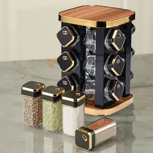 Spice Bottle Set, 4oz Glass Containers with Rotating Storage Rack, Salt Pepper Shakers with Easy Turn Lid, Essential Kitchen BBQ Seasoning Organizers
