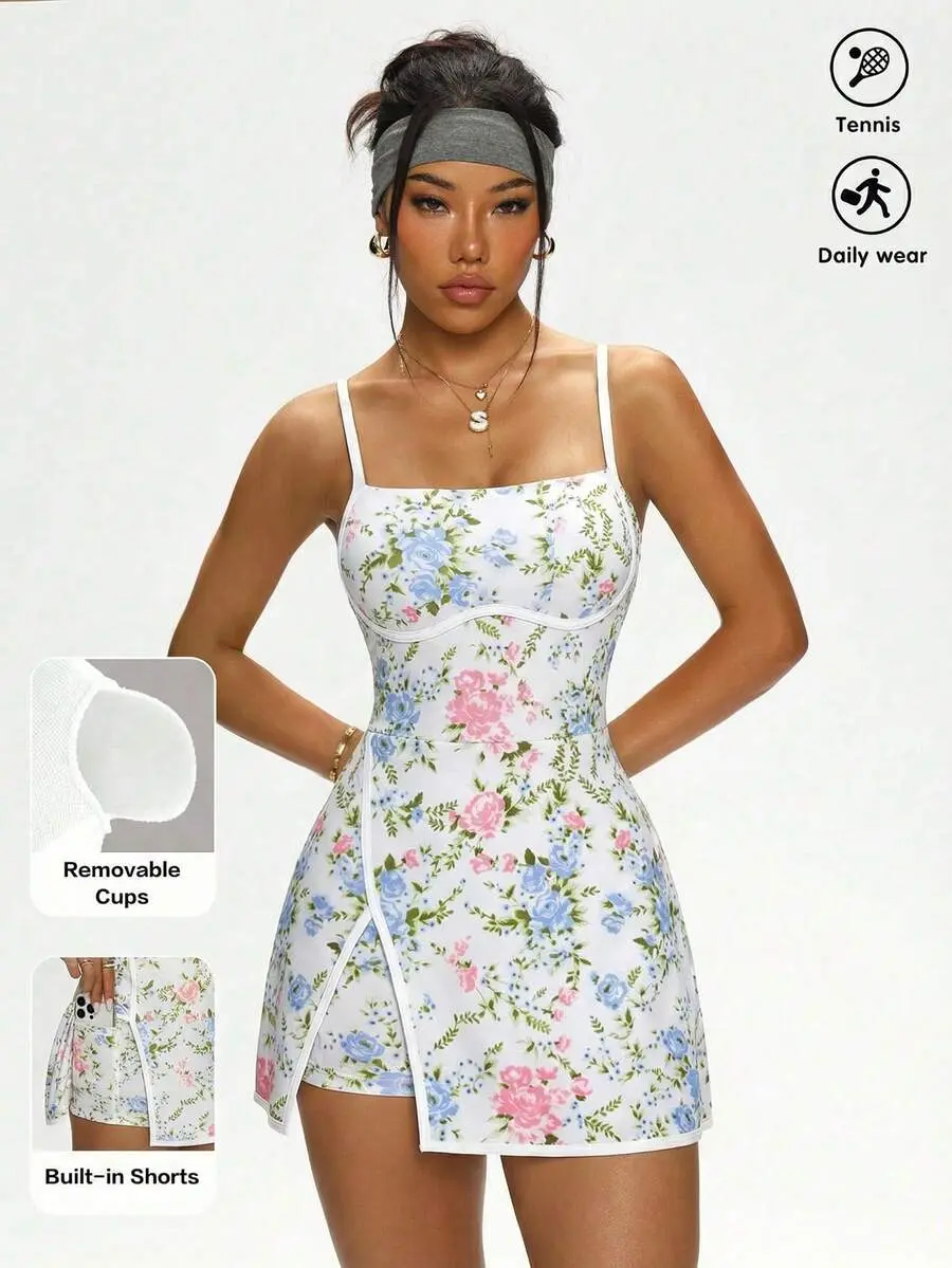 AESS x CourtClass Women's Floral Print Sleeveless Golf Dress – Athletic Tennis & Pickleball Dress | Flattering A-Line Sporty Polo Dress with Shorts & Pockets | Trendy Lightweight Breathable Moisture-Wicking Activewear Outfit for Outdoor Gym & Fitness