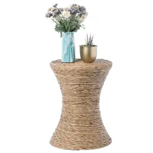 Vintiquewise QI003834 Decorative Round Wicker Side Table & Hourglass Shape Accent Coffee Table