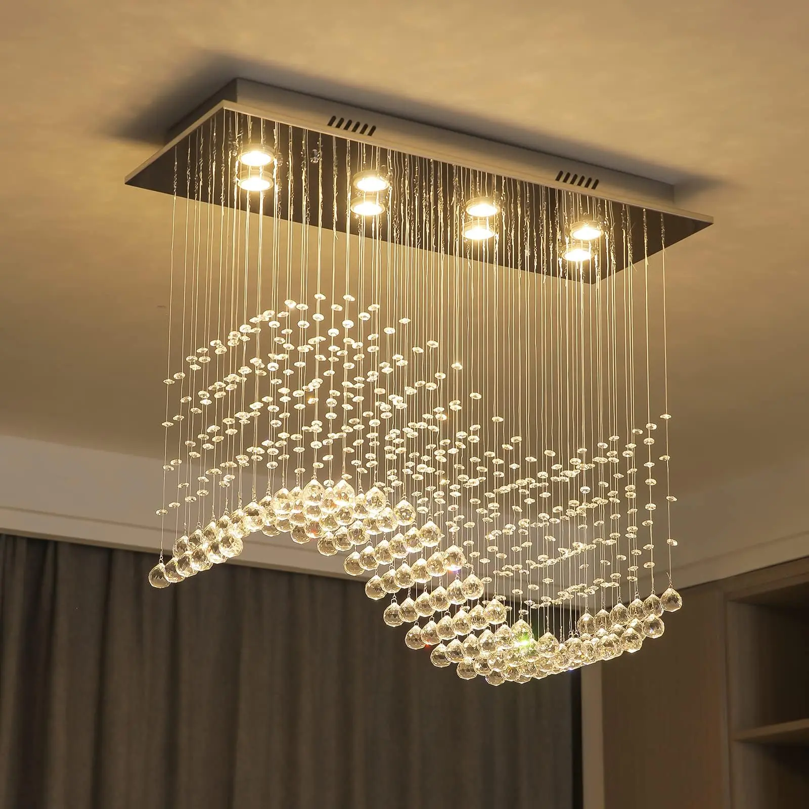 31.5in Rectangle Wave Raindrop Crystal Chandelier, Dimmable Flush Mount Ceiling Lighting, Decorative Dimming Lights for Dining Room, Villa House Decor & Room Decor Fixture