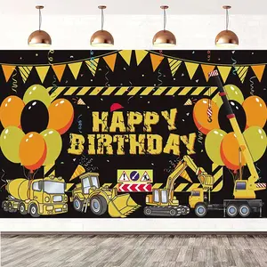 Construction Vehicle Birthday Backdrop, Boys' Birthday Party Banner with Excavator and Bulldozer Theme, Photo Prop for Party Decorations