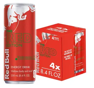 Red Bull Red Edition Energy Drink, Watermelon, with 80mg Caffeine plus Taurine & B Vitamins, 8.4 Fl Oz, Pack of 4 Cans