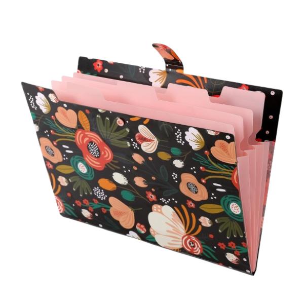 Expanding File Folder with 5 Pockets, Floral Accordion File Organizer for Important Document，Portable Receipt Paper Organizer，School Office Supplies Black