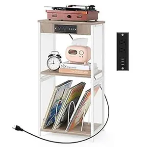 Vinyl Record Storage Table 3 Tier White Record Player Stand with Storage Hold Up to 170 Albums Small Side Table Stand Turntable Stand with Power Outlet