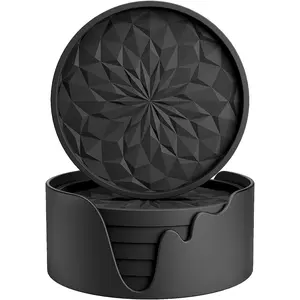 6-Pack Silicone Drink Coasters with Holder | Thick Non-Slip Cup Mats for Hot & Cold Drinks | Non-Stick Coffee Table Coaster Set – Black Deep Tray