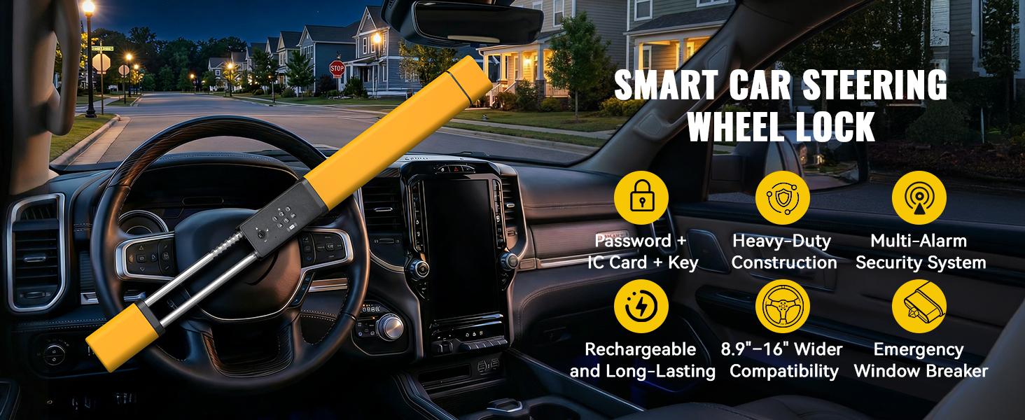 Porbi AI Steering Wheel Lock with Password + IC Card + Keys Unlocking, Heavy-duty Car Anti-theft Device with Incorrect Entry Alarm & Anti-Tamper Alarm, Fits 8.9–16" Truck Van SUV Car Wheels, Yellow