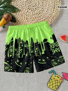Boys' Casual Short Pants, Swim Print Sports Trunks, Swimwear Shorts, Outdoor Beach Shorts, Game Pattern, Comfortable Breathable Quick-Dry, Summer Travel