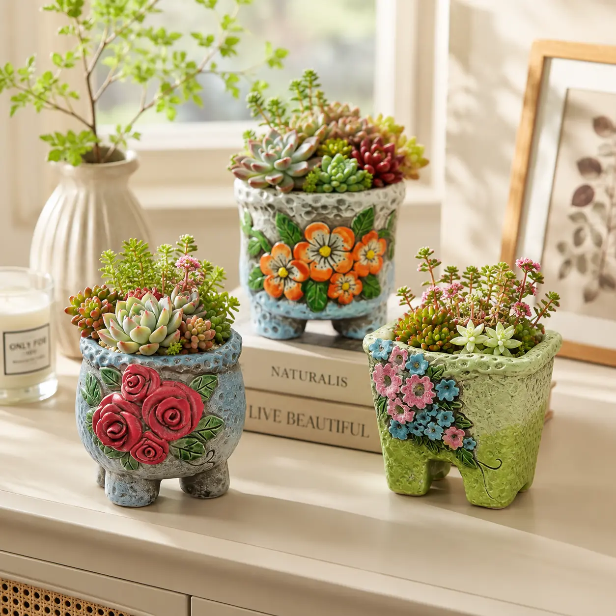 3-Piece Small Succulent Planter Pots Set, Textured Raised Floral Design with Footed Base, Decorative Desktop Flower Pots for Cactus and Mini Plants, Home Office Garden Shelf Decor