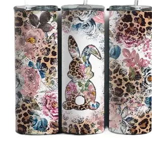 Bunny Boho Flowers Leopard 20 oz Skinny Tumbler Sublimation Drinkware Cup Leopard Print