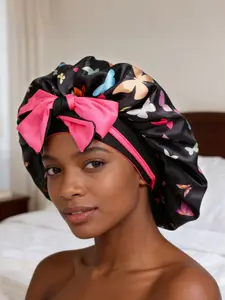 Luxurious Satin Sleep Cap, Bonnets for Sleeping, Adjustable Tie (with Bow), Unisex Night Hair Protection, Wide Brim, Elastic Band, Suitable for Curly Style and Straight Hair