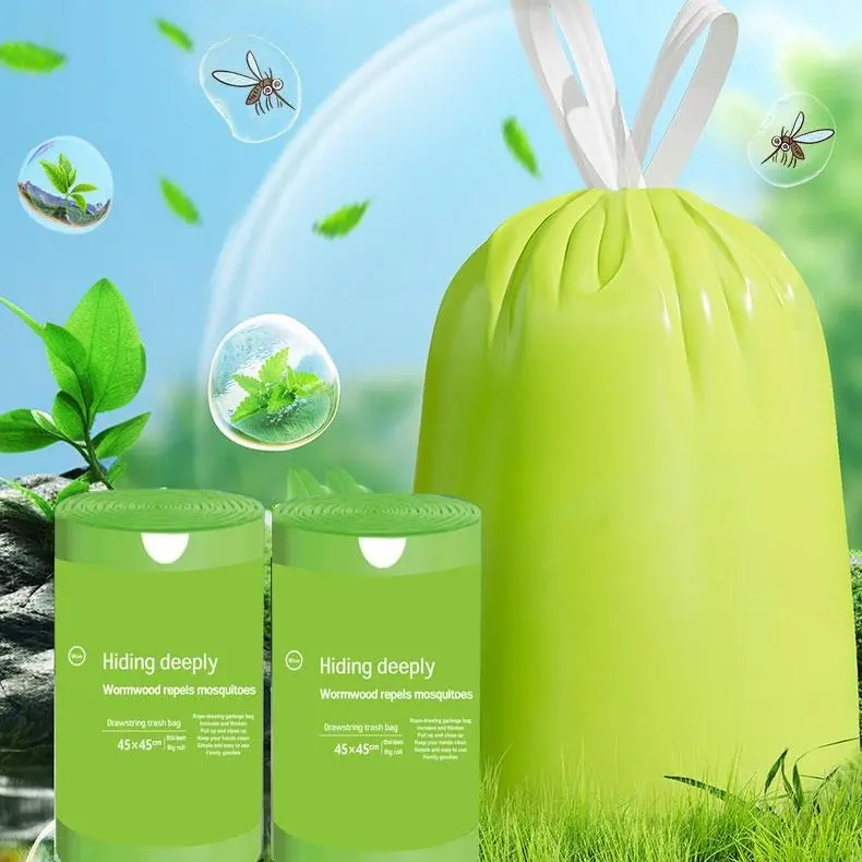 Disposable mosquito-proof drawstring garbage bags, mugwort garbage bags for kitchens, bathrooms and home offices, green, durable and thick garbage bags - durable, tear-resistant, leak-proof and easy-to-use garbage bags.