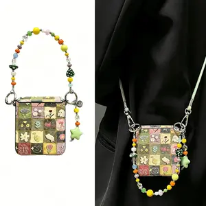 Korean Green Grid Animals Magnetic Case with Star Beads Chain Long Rope for Samsung Flip7 Flip6 5 Flip7fe Stylish Hard Cover