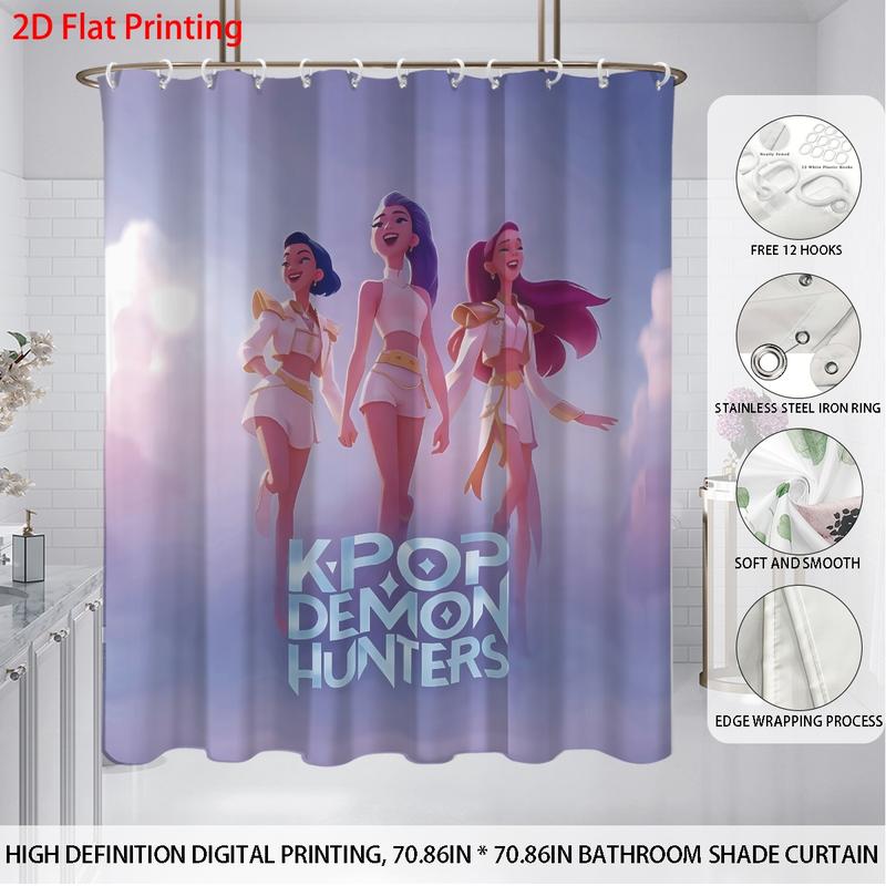 K-Pop Demon Hunters Bathroom Set, Shower Curtain with Hooks, Non-Slip Bath Rug, U-Shaped Toilet Mat, Toilet Lid Cover, Bathroom Decoration Accessories